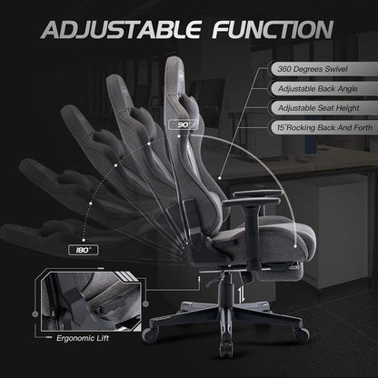 S*MAX Gamingstoel, stof, grijs, met voetensteun, verdikte stoel, 3D-armleuning, videospelstoelen met hoge rugleuning, ergonomische gamingstoel voor volwassenen