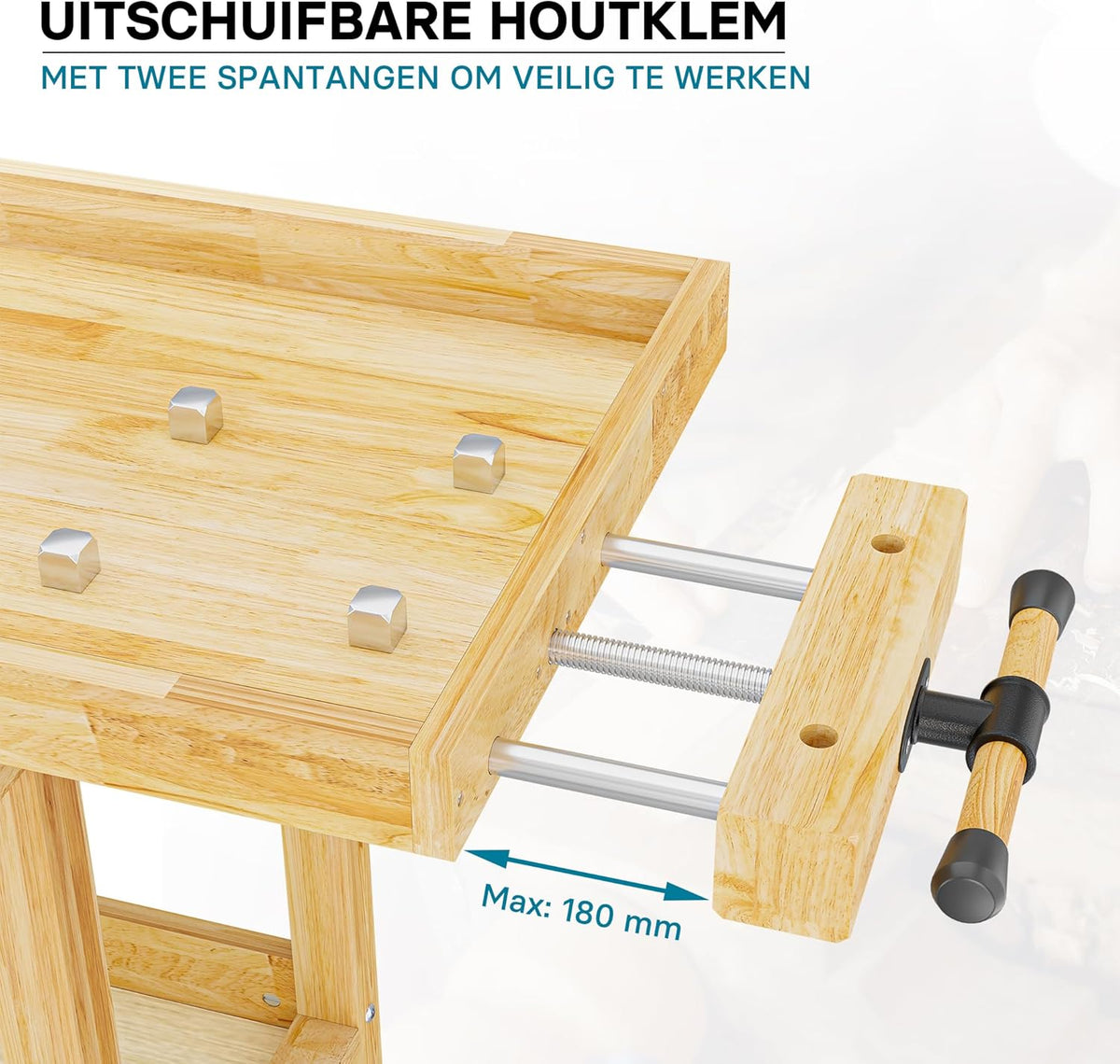 Workbench 145x49x86cm wood (Rubberwood) with drawer, storage box, collet and vises