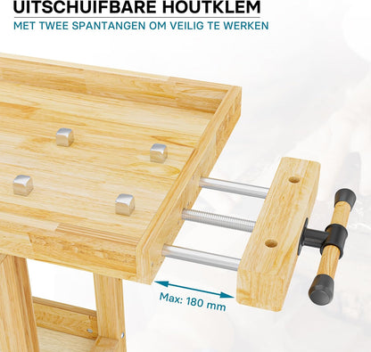 Workbench 145x49x86cm wood (Rubberwood) with drawer, storage box, collet and vises