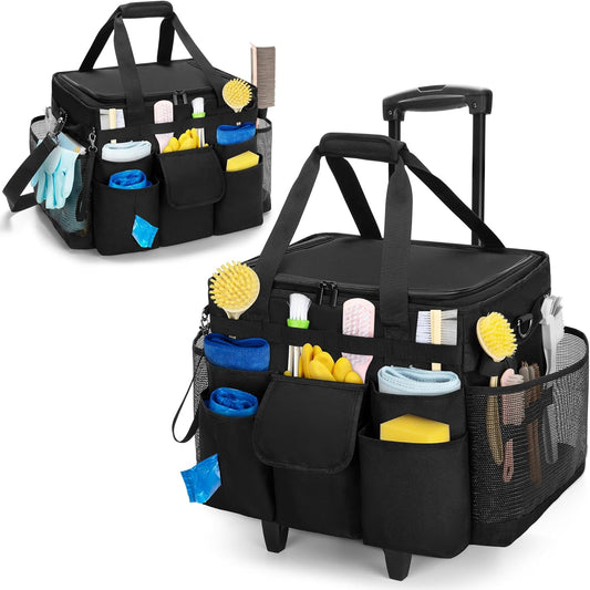LoDrid Rolling Cleaning Caddy met Deksel, Schoonmaakbenodigdheden Organizer met Afneembare Trolley, Reiniging Caddy Cart op Wielen met Handvat en Schouderriem voor Huishoudsters Zwart