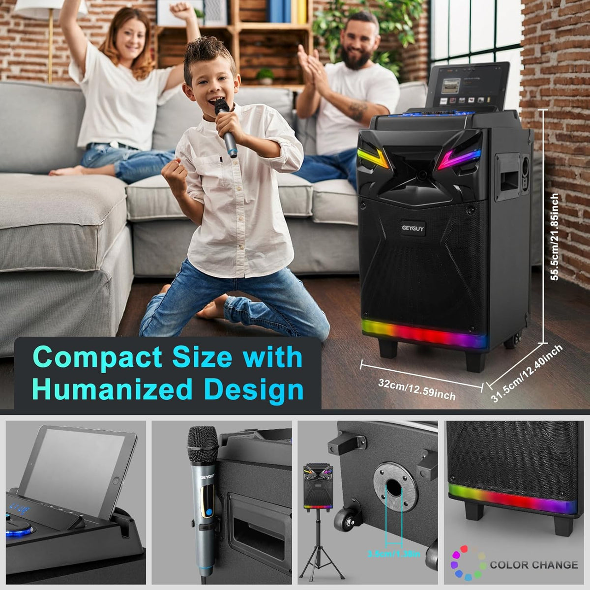 DSP Bluetooth karaoke-machine met 2 microfoonluidsprekers, 600 W 10 inch subwoofer PA-installatie, live streaming/geluidseffects/DJ Lights/FM-radio voor YouTube, Tiktok GTSK10-1
