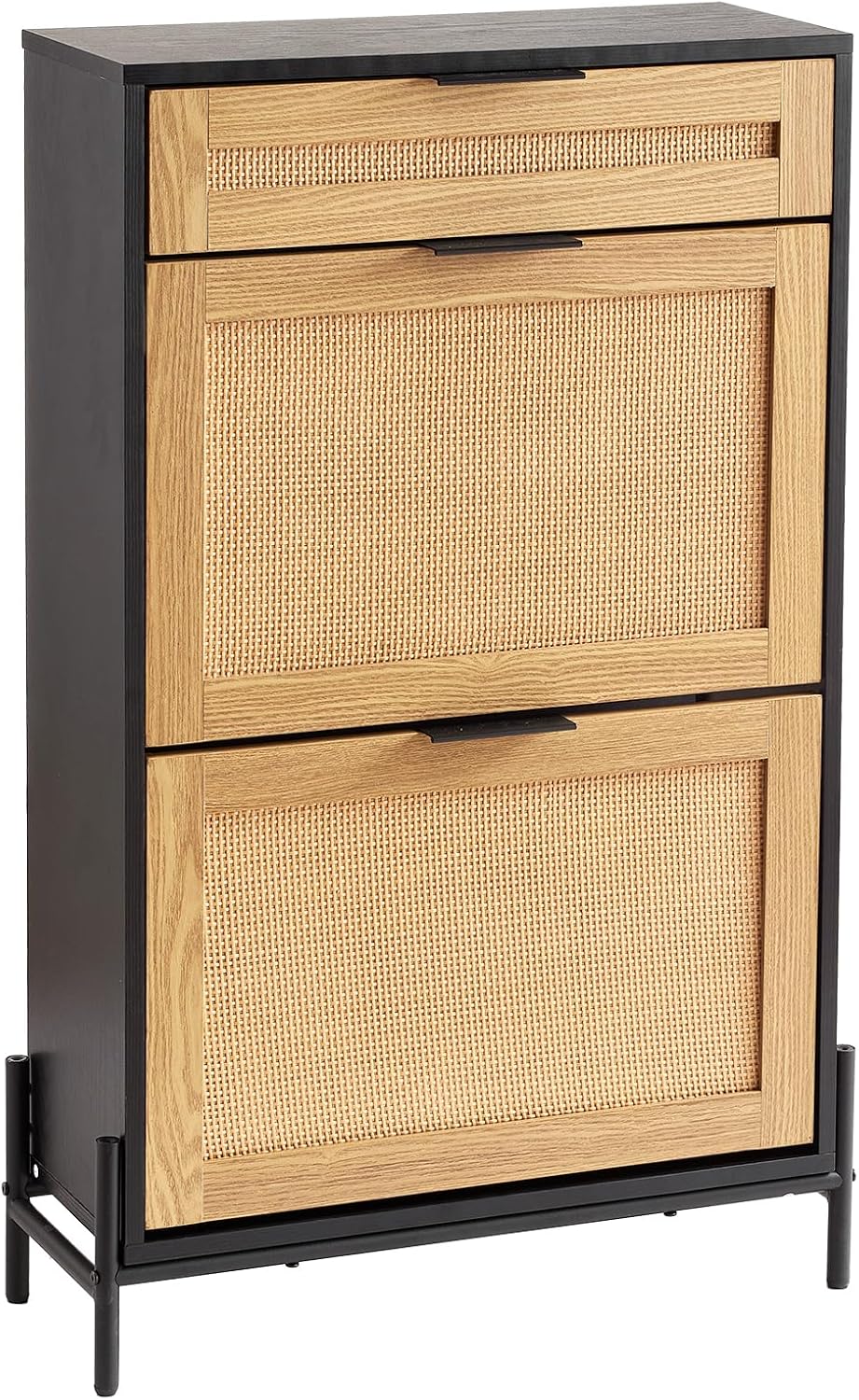 Schoenenkast – Schoenenrek – Schoenenopberger – Schoenenbank – Smalle Kast – 2 Flip-lades – Rattan Look Met Metalen Poten