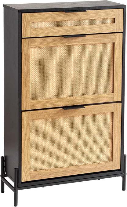 Schoenenkast – Schoenenrek – Schoenenopberger – Schoenenbank – Smalle Kast – 2 Flip-lades – Rattan Look Met Metalen Poten