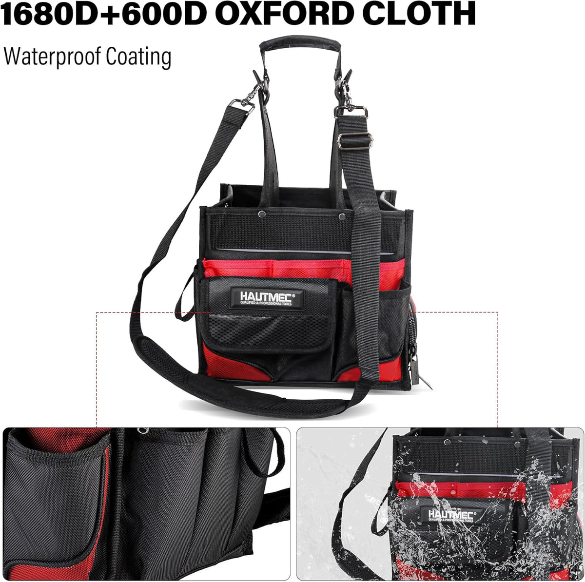 HAUTMEC Elektricien Gereedschapstas met onderdelenlade, waterbestendige HVAC-gereedschapstas, Heavy-Duty 37-Pocket Open Top Tool Tote met versterkte basis, verstelbare schouderriem - HT0174