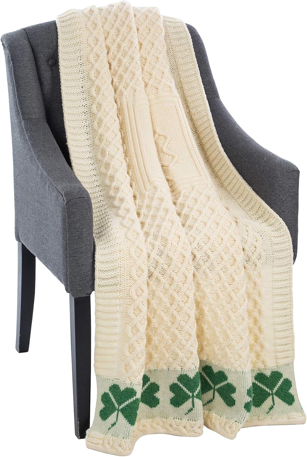 SAOL 100% Merino Ierse wol Shamrock honingraat bed & bank gooien deken in naturel / 40" x 60" / 100 cm x 150 cm