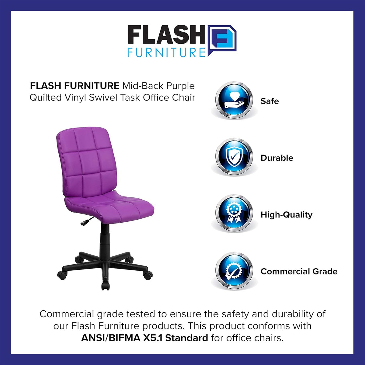 Flash Furniture Mid-Back gewatteerde vinyl draaibare taakstoel, metaal, paars, 58,42 x 55,88 x 22,86 cm