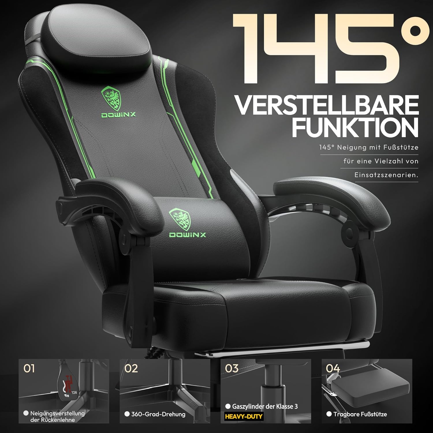 Dowinx Gaming Chair, Racing Gamer Chair, Ergonomic Gaming Chair with Lumbar Support, Gaming Chair, PU Leather, PC Chair, Widened Backrest, 150kg, Green - QUORE
