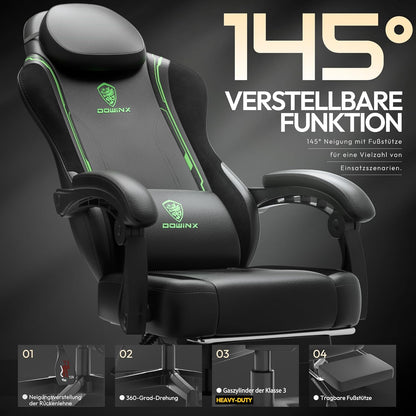 Dowinx Gaming Chair, Racing Gamer Chair, Ergonomic Gaming Chair with Lumbar Support, Gaming Chair, PU Leather, PC Chair, Widened Backrest, 150kg, Green - QUORE