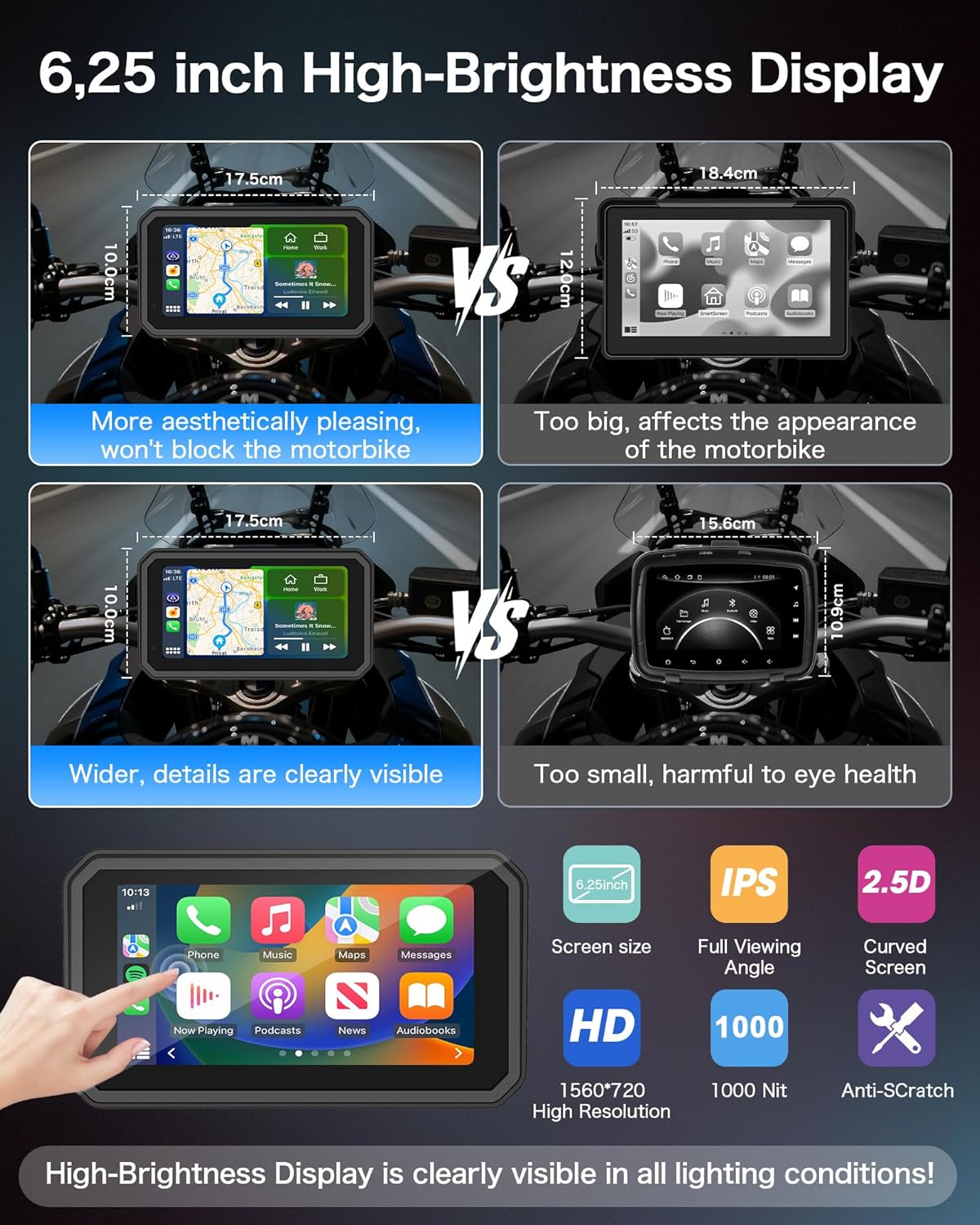 4K Dashcam Motorfiets CarPlay Android Auto 6.25 Inch Motorfiets Navigatie apparaten IP67 Waterdichte GPS-navigatie-apparaten voor motorfietsen, Dual Bluetooth, Siri/Google Assistant 64GB winkelwagen