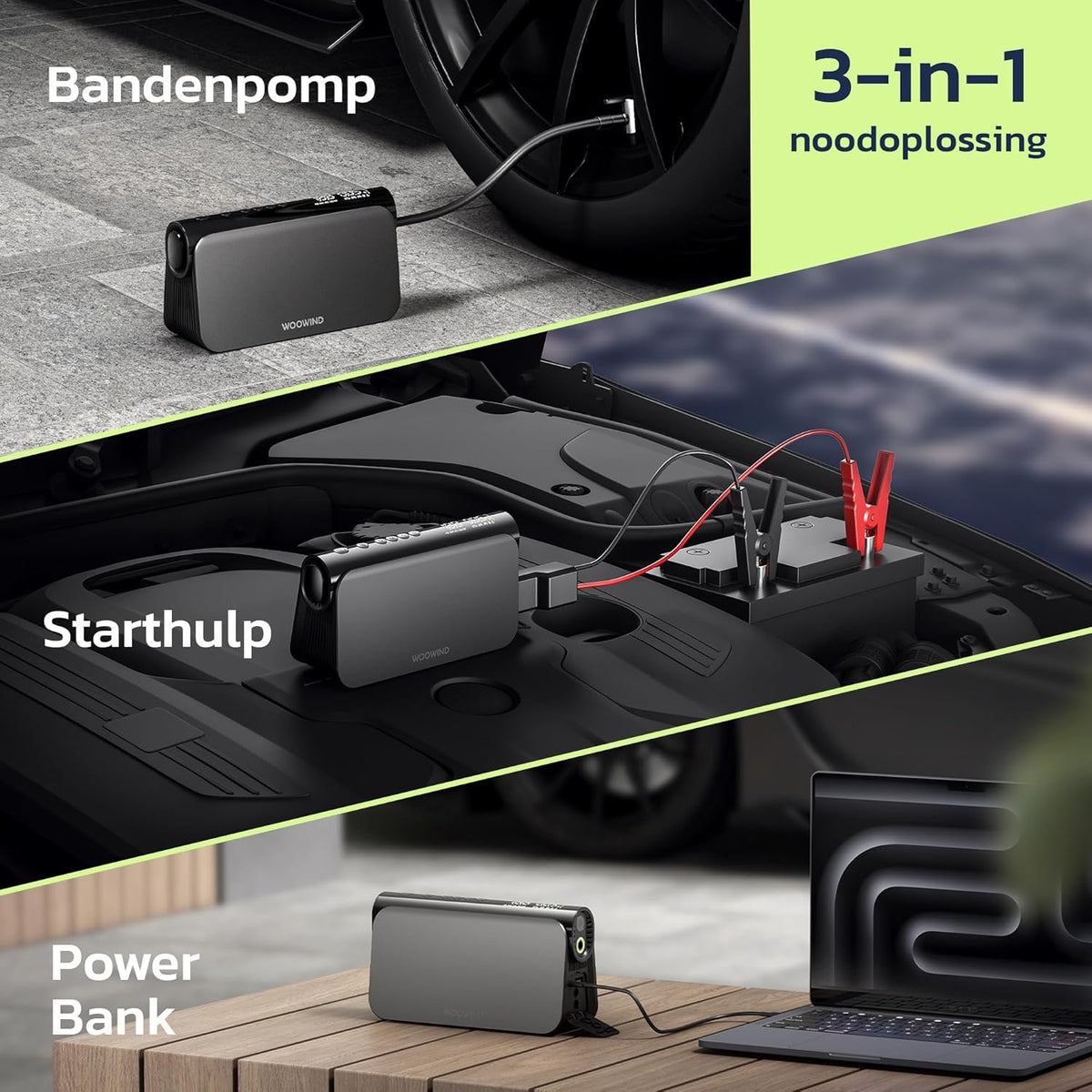 Draagbare Startbooster – Jump Starter – Accubooster – Starthulp – Noodstarter – Met 150 PSI Compressor – 16000mAh 65W Powerbank