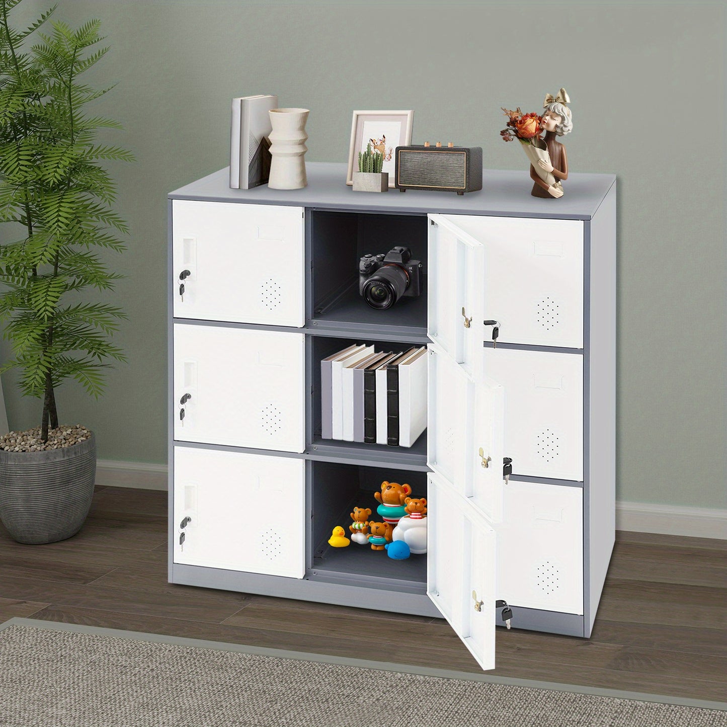 9-Door Heavy-Duty Lockable Metal Storage Cabinet with Card Slots & Key Lock - Modern & Gray Contemporary Floor-Standing Office Cabinet, 9-Slot Organizer for Home Office, School, Business - Easy Assembly, No Electrical Require