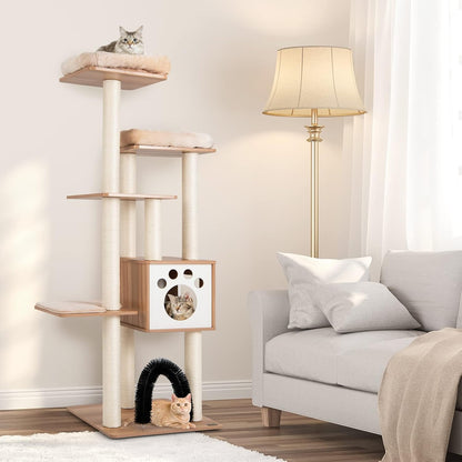 Krabpaal – Krabmeubel – Kattenmeubel – Klimpaal – Kattenklimrek – Houten Krabpaal Beige – 6 Niveaus Met Sisal – Uitneembare Wasbare Kussens