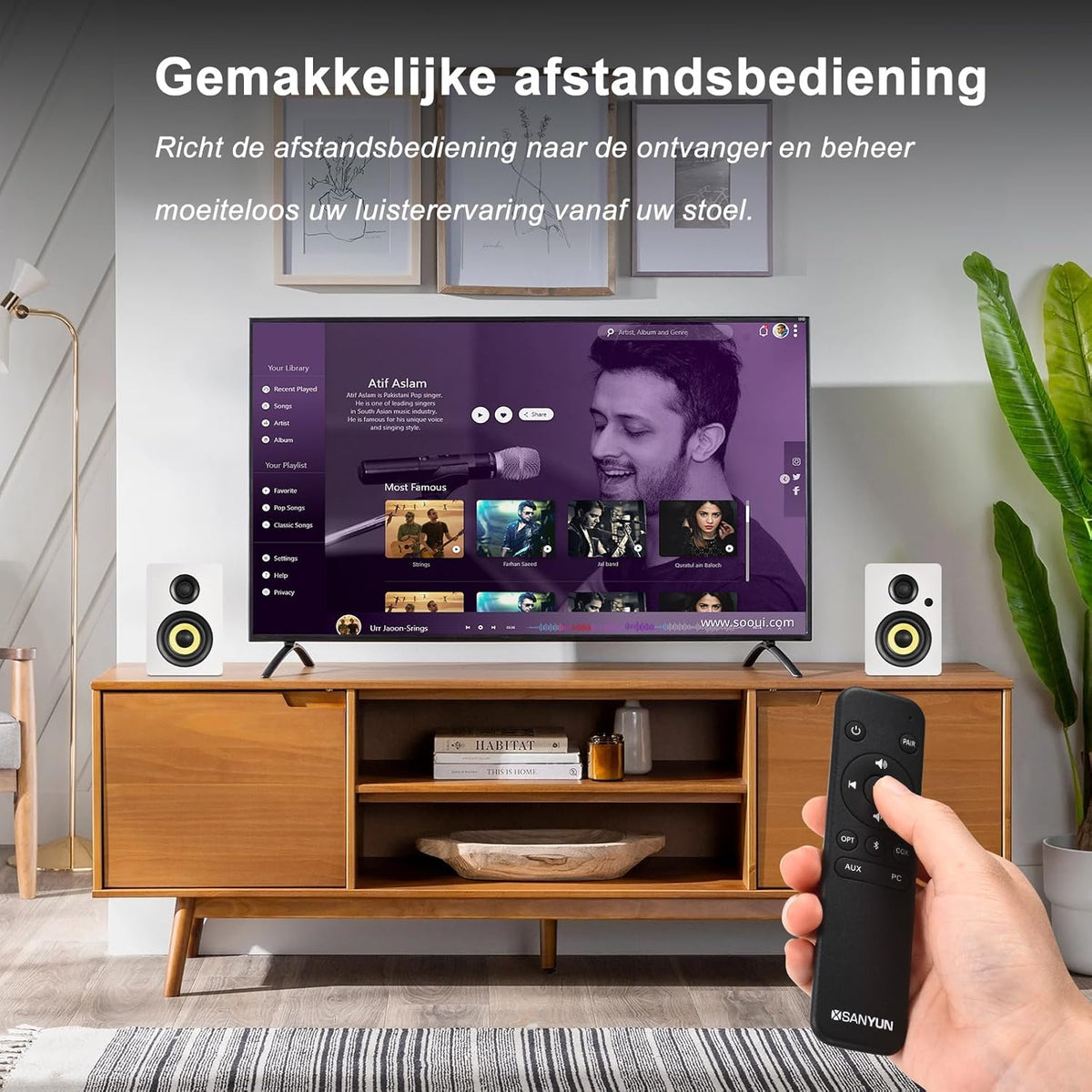 Sanyun SW206 4” HiFi Boekenplankluidsprekers met Studiomodus, 80W Actief, Bluetooth 5.4/Optisch/Coaxiaal/TRS/Aux/24bit DAC USB, voor Draaitafel TV PC Desktop, MDF Kabinet, Afstandsbediening, Wit