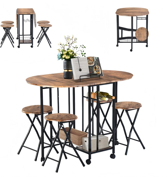 Dining Table with 4 Chairs, Small Kitchen Table, Foldable, Small Space with 4 Folding Chairs with Storage for Restaurant, Patio, Balcony, Garden (Rustic Brown)