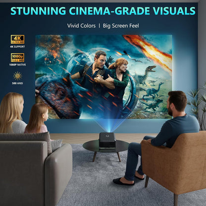 Mini Projector met 500 ANSI Lumen, Auto Focus, 1080P Full HD, Ondersteunt 4K Input, WiFi 6, Bluetooth 5.0, 360° Standaard, Draagbare Projector voor Slaapkamer en Buiten