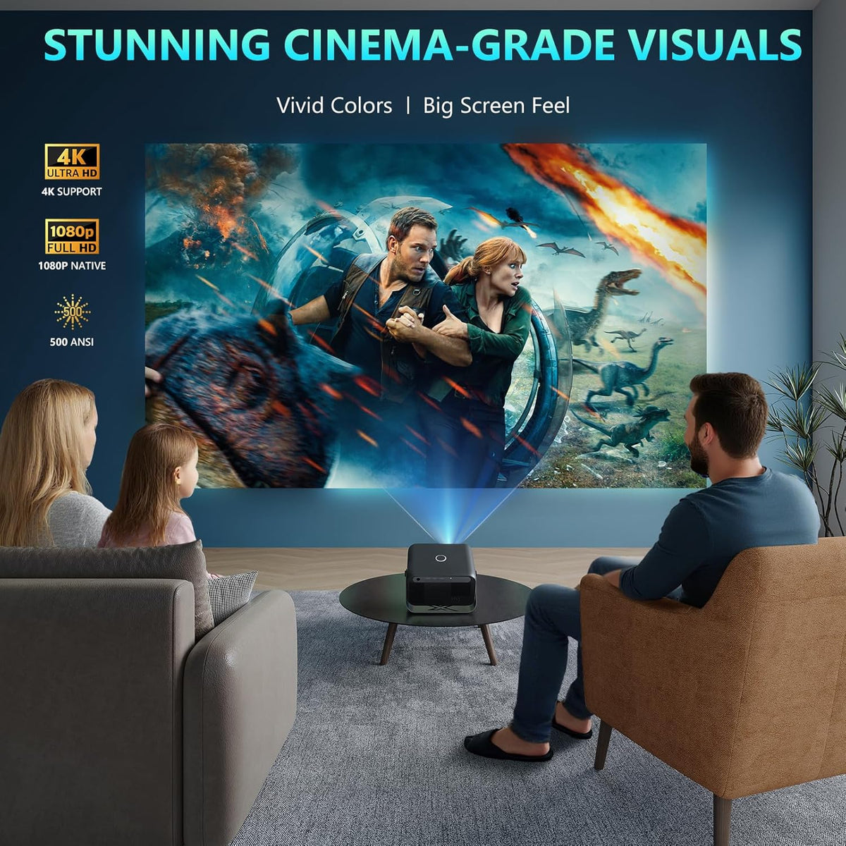 Beamer 4K thuisbioscoop met 500 ANSI lumen, Native 1080P, ondersteunt 4K, automatische focus en trapeziumcorrectie, wifi 6 en Bluetooth 5.0, Smart beamer 4K voor slaapkamer en thuisbioscoop