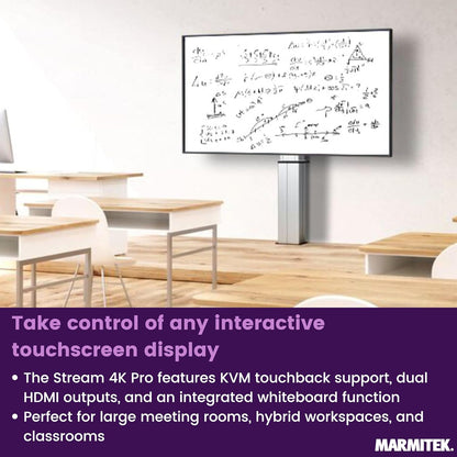 Draadloos 4K HDMI presentatiesysteem Marmitek Stream 4K Pro KIT 1TX/1RX - Zonder software of wifi - USB-C dongle & receiver, split screen, touchback, PoE - Dual HDMI - BYOD mirroring