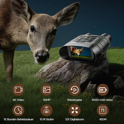 Nachtzichtapparaat, 4K 112MP infrarood verrekijker, nachtzichtapparaat, jacht, 12 x digitale zoom, bereik 450 m, 5000 mAh oplaadbaar, 64 GB TF-kaart voor jacht, veiligheid, camping