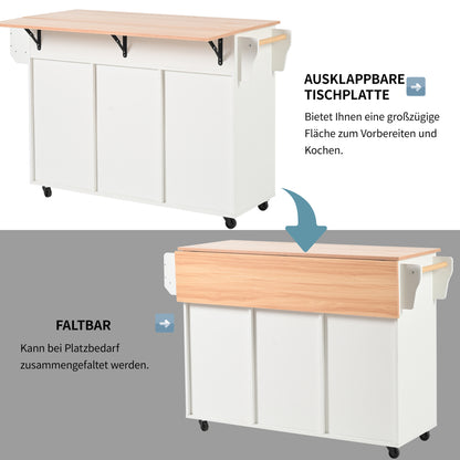 White Metal Storage Island Trolley with Foldable Worktop & Adjustable Shelves - Mobile Kitchen Cart with Casters, Dish Cabinet Doors, Towel Rack & Interchangeable Feet - Space-Saving Rolling Cabinet for Small Kitchens, Dining