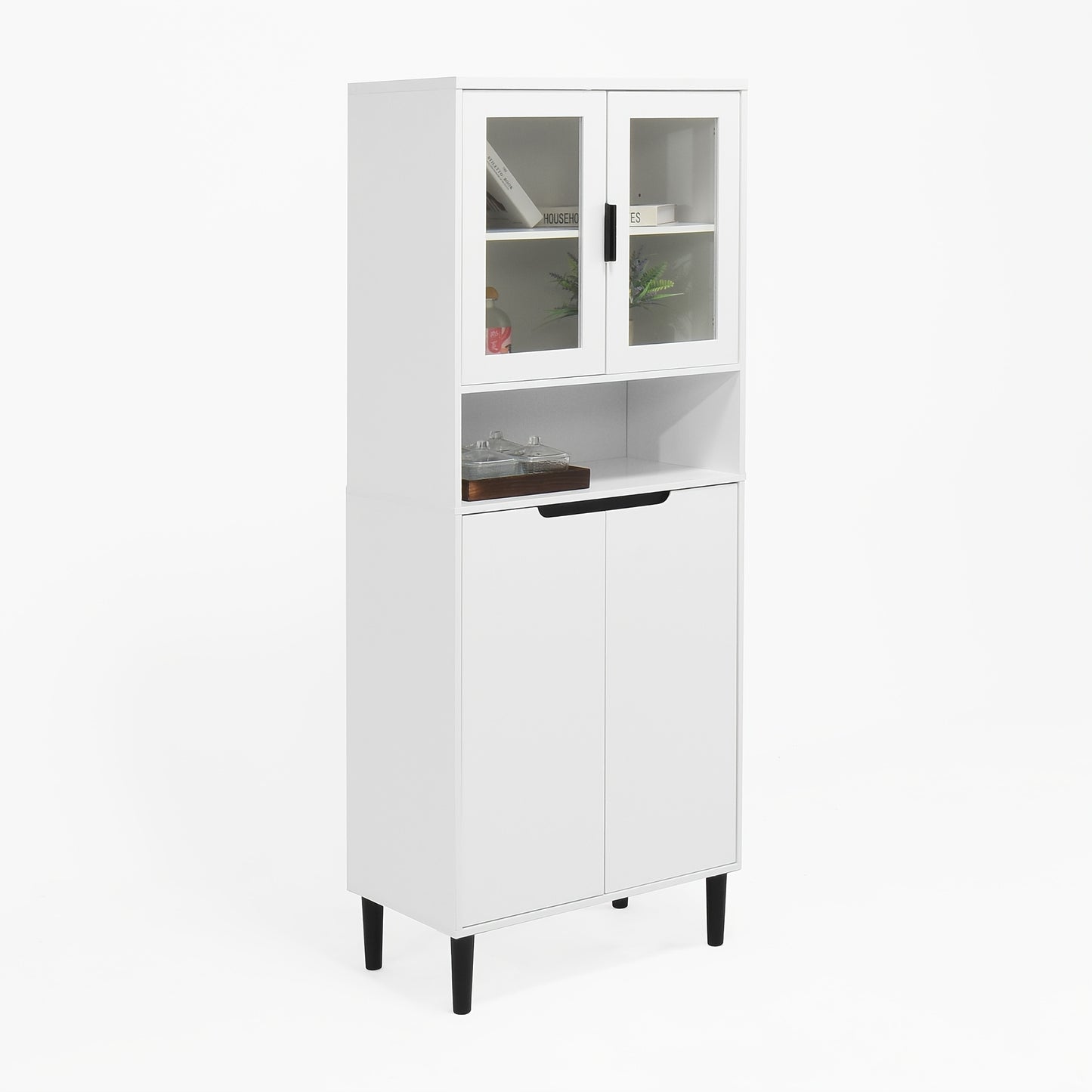 Boekenkast – Boekenrek – Opbergkast – Vakkenkast – Kast – Hoog Model – 4 Glazen Deuren – Verstelbaar Bovenblad – Gelakt MDF – Wit