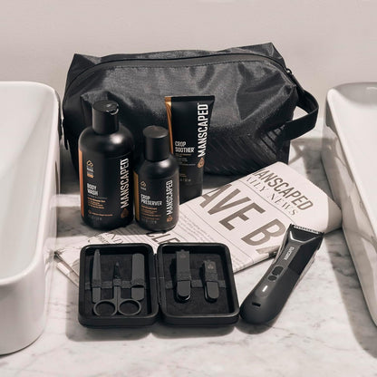 MANSCAPED® Het Premier-pakket 5.0 ULTRA, met The Lawn Mower® 5.0 ULTRA Lies- en lichaamshaartrimmer voor heren, Shears 3.0, Crop Preserver® Ball Deodorant, Refined® Body Wash, Crop Soother™, Shed 2.0