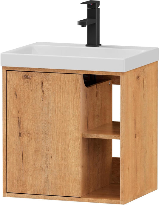 Wastafel Met Onderkast – Badkamermeubel – Kleine Wastafel – Wastafelonderkast Hangend – Badkamermeubelset – Naturel – Compact 50 cm Breed – Vochtbestendig Hout