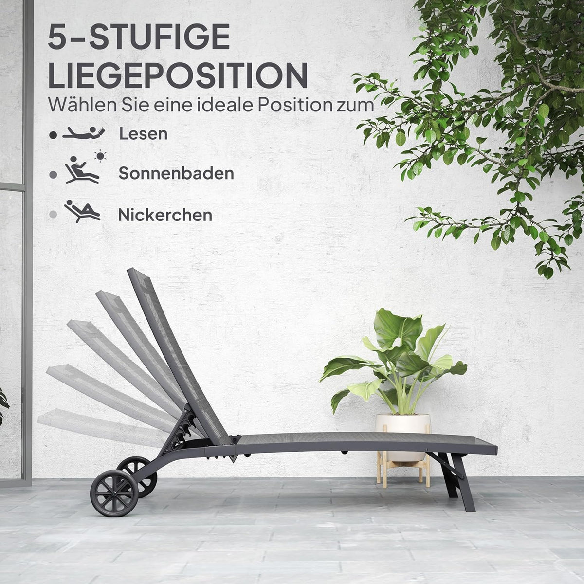 Outsunny Sonnenliege mit Rolle, Gartenliege Alu Liegestuhl mit 5-Fach verstellbare Rückenlehne, wetterfeste Campingliege, Gartenstuhl bis 150 kg load bar, für Garten Urlaub Strand Pool, Dunkelgrau - QUORE