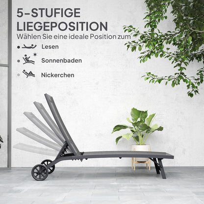 Outsunny Sonnenliege mit Rolle, Gartenliege Alu Liegestuhl mit 5-Fach verstellbare Rückenlehne, wetterfeste Campingliege, Gartenstuhl bis 150 kg load bar, für Garten Urlaub Strand Pool, Dunkelgrau - QUORE