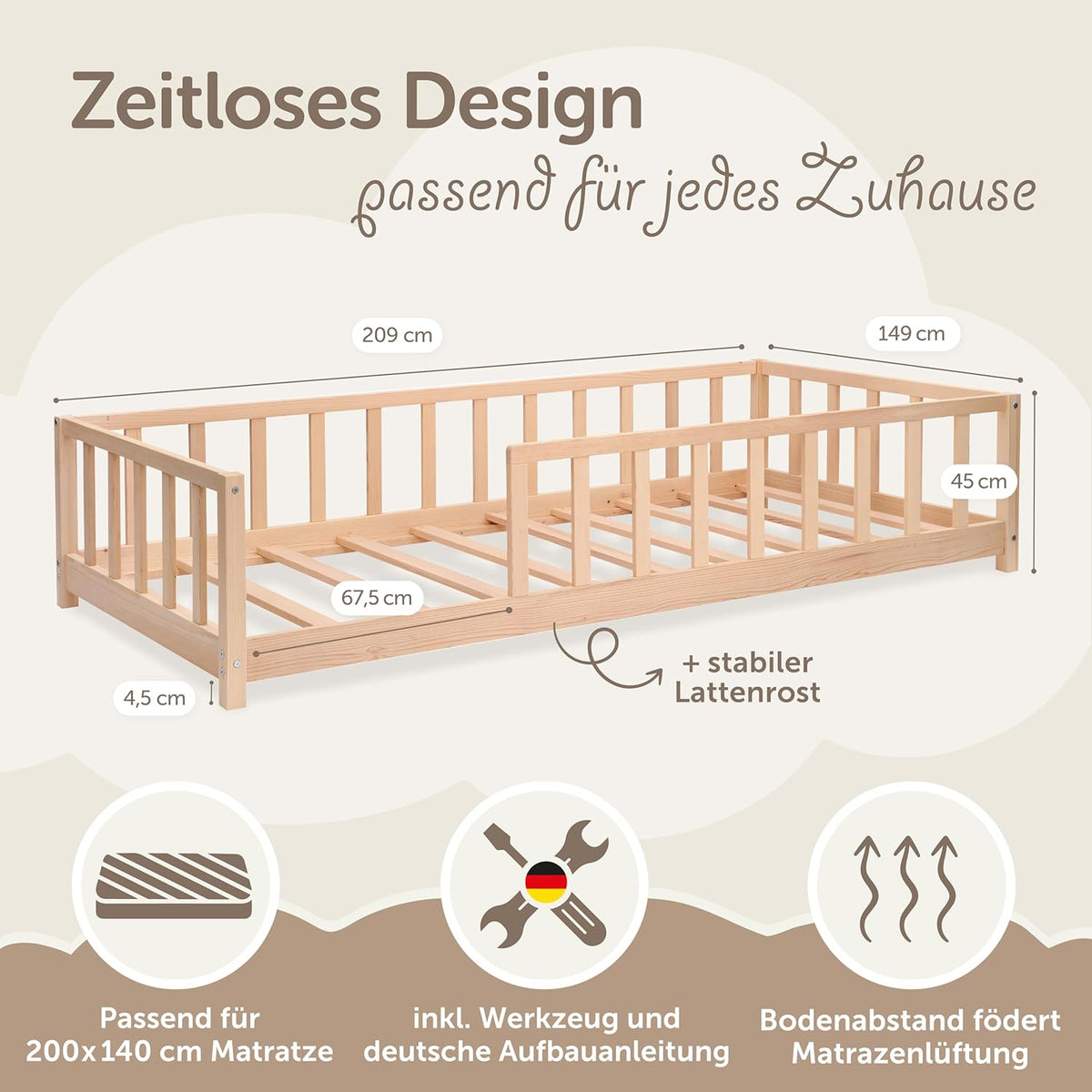 Vloerbed 140x200 met valbescherming incl. lattenbodem voor jongens en meisjes - ook als kinderbed 90x200 - duurzaam kinderbed van grenenhout - Montessori bed (natuur, 140 x 200 cm)
