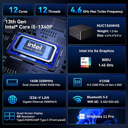 Intel NUC 13 PRO NUC13ANHi5 Arena Canyon, 16 GB RAM 512 GB SSD, Intel Core i5-1340P, Win 11 Pro Mini Desktop Computer, 8K/4K UHD, Gigabit Ethernet/WiFi-6/VESA voor business/kantoor/thuis