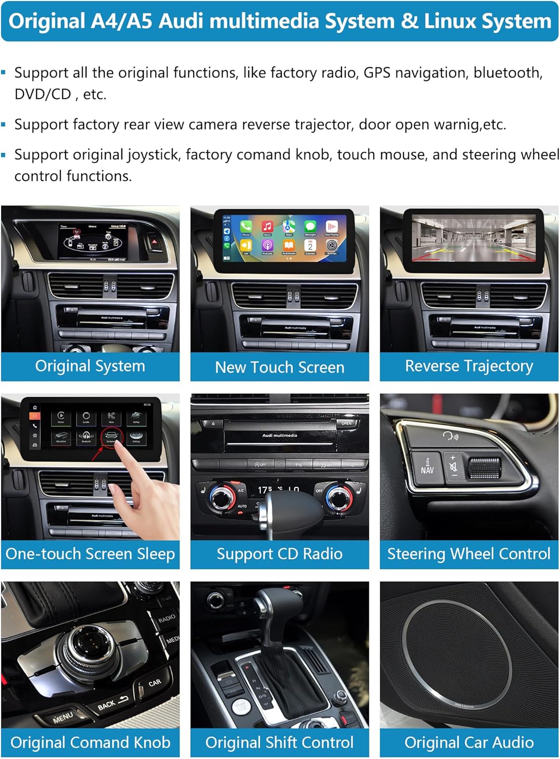 Ninetom 12.3'' Car Radio Touch Screen with Wireless Carplay and Android Car for 2009-2015 Audi A4 A5 S4 S5 with 3G MMI+ System, Supports Mirrorlink, Camera, Navigation - QUORE