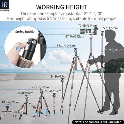 INNOREL RT75CM Koolstofvezel Statief 172 cm Professionele 2-in-1 Reisstatief & Balhoofd Kit Monopod Max Belasting 20 kg Max Buis 29 mm Heavy Duty Camera Ondersteuning met Middenkolom N44 Kogelhoofd