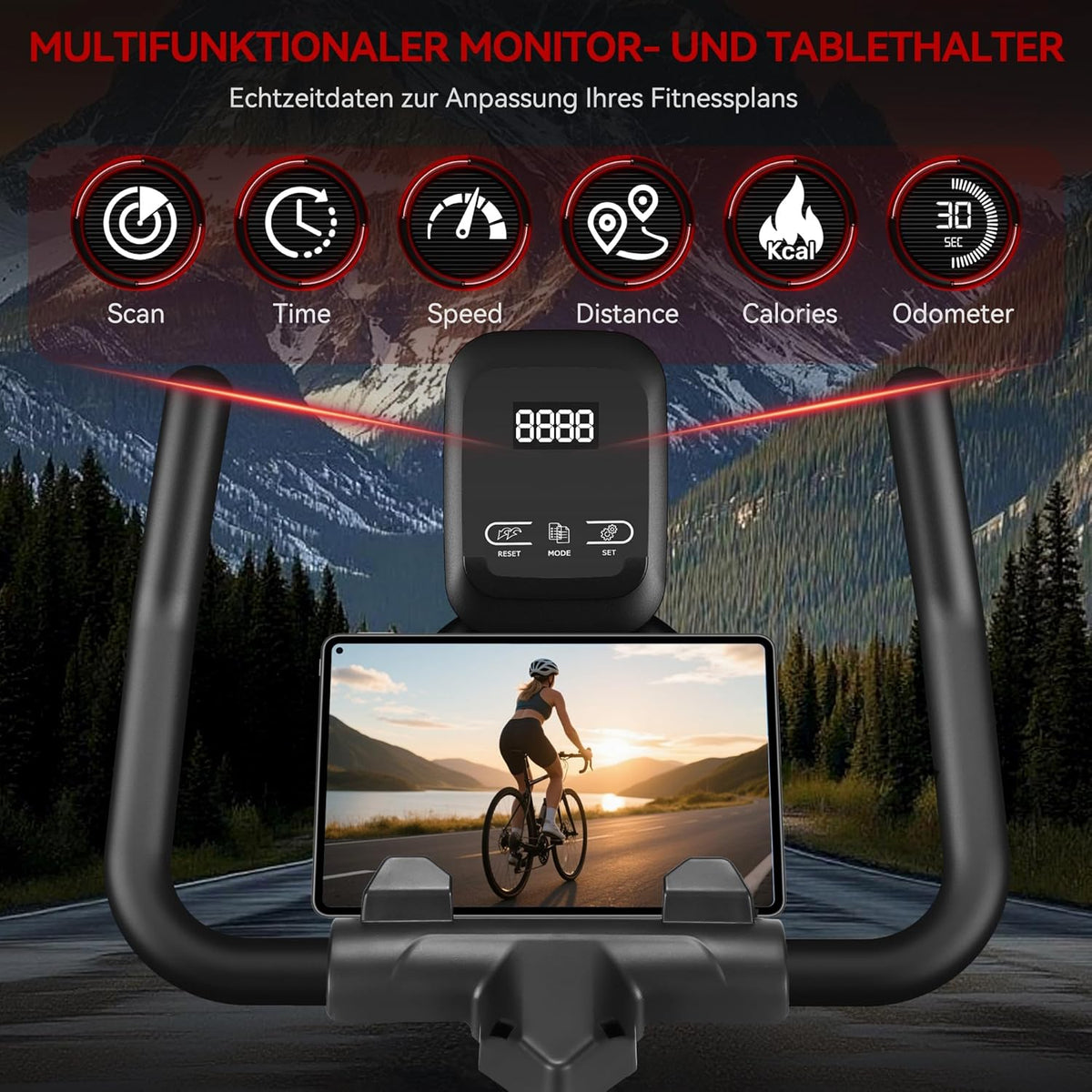 Hometrainer, fiets met magnetische weerstand, ergometer, hometrainer, fiets met lcd-monitor, tablethouder, indoor spinning bike voor cardio-training, 160 kg belastbaar