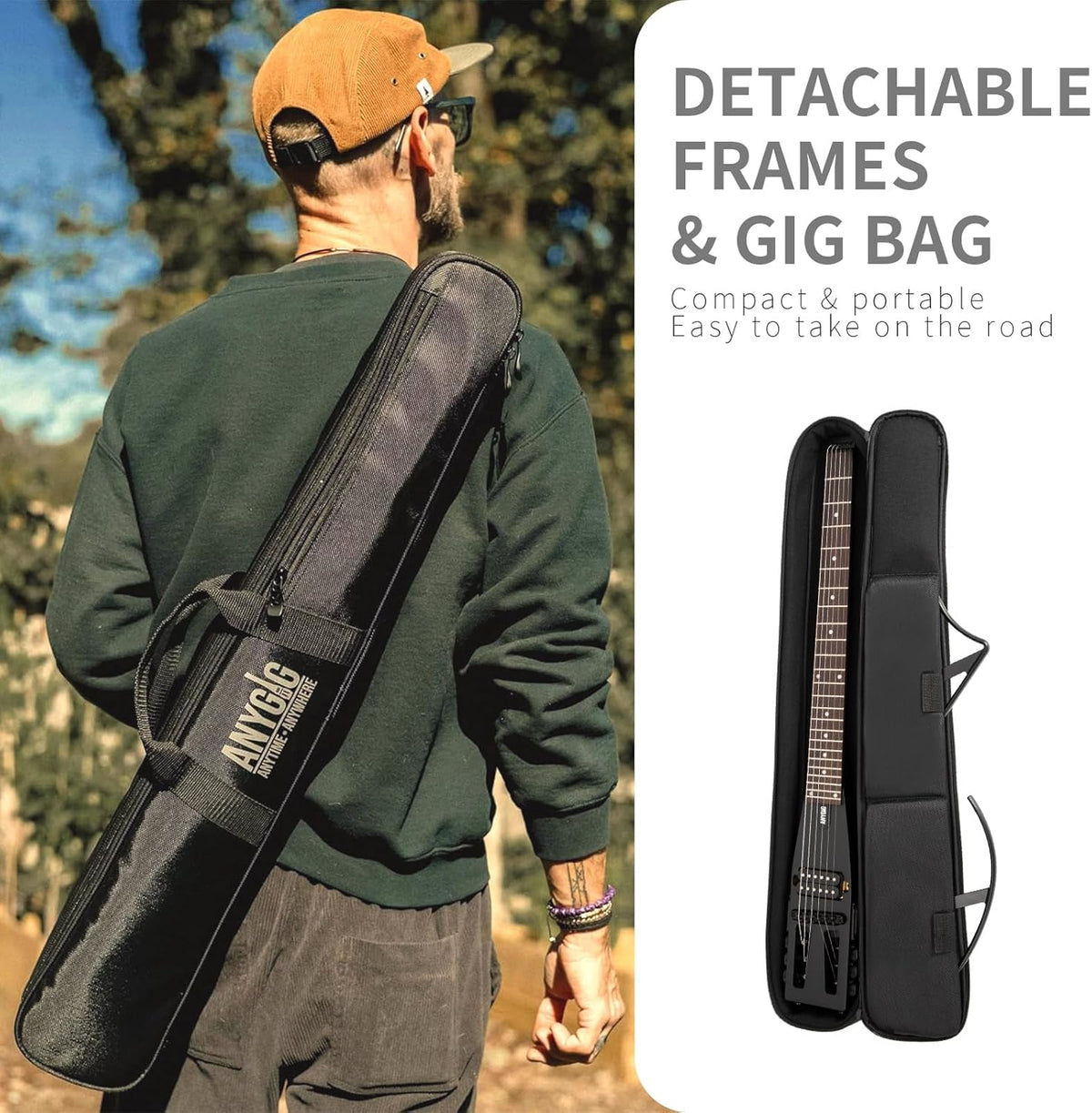 Anygig Reis-elektrische gitaar, ultralicht headless-design met 64 cm palissander-toets, compacte solidbody-oefengitaar met afneembare arm- en beensteunen, zwart
