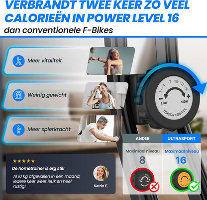 Ultrasport F-Bike Pro Opvouwbare Hometrainer tot 150 KG, met 16 Weerstandsniveaus, Comfortabel Zadel, Extra Stil I Opvouwbare Indoor Hometrainer, Fitnessfietsen, Grijs-Zwart
