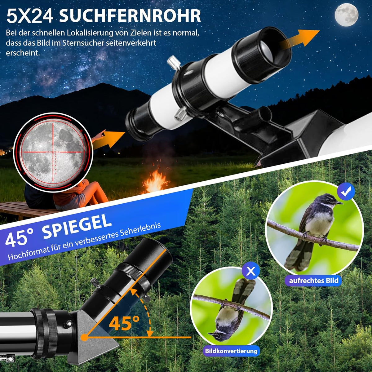 Telescopische astronomie 80 mm opening 60 mm brandpuntsafstand voor kinderen en volwassenen beginners met statief en mobiele telefoonhouder, draagbare refractortelescoop voor aard- en