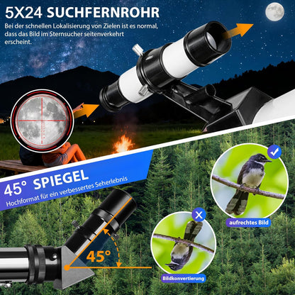 Telescopische astronomie 80 mm opening 60 mm brandpuntsafstand voor kinderen en volwassenen beginners met statief en mobiele telefoonhouder, draagbare refractortelescoop voor aard- en