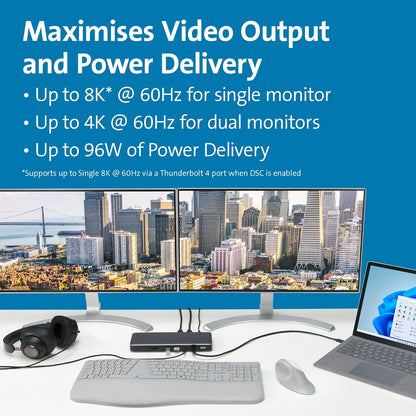 Kensington AD2010T4 Thunderbolt 4 Docking Station, Dual Monitor 8K/4K, Micro SD Kaartlezer, 96W Power Delivery, 2 x HDMI, Ethernet, USB-C 3.2 & 4 x USB-A-Poorten (K34111EU)