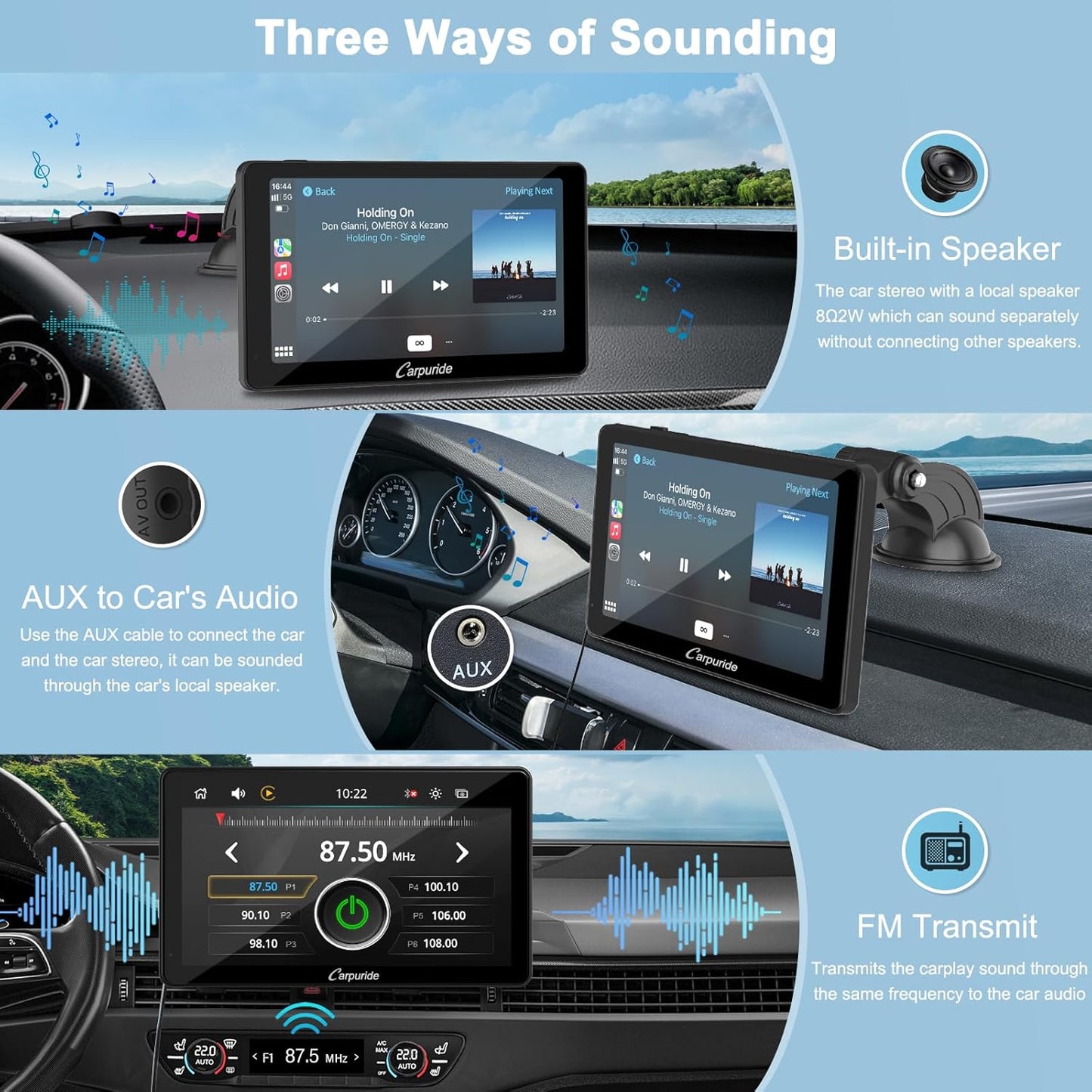 Carpuride C3 Draadloze Carplay & Android autoradio, draagbaar, 7 inch HD touchscreen, stereo ontvanger met AirPlay Link spiegels, bluetooth, navigatie, Siri, FM/AUX.
