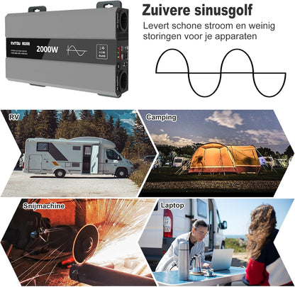 DATOUBOSS Omvormer 12v naar 230v Zuivere Sinus 2000w, Omvormer 12v naar 230v met AC-Aansluiting en 3A USB-Poort Soor Thuis, Camper, Off-Grid Zonne-Energie-Inverter (SAK-12V2000W)
