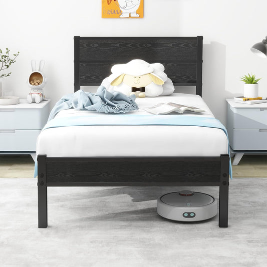 DUMEE Eenpersoonsbedframe met houten hoofdeinde en voetenplank, opbergruimte onder bed, zwart