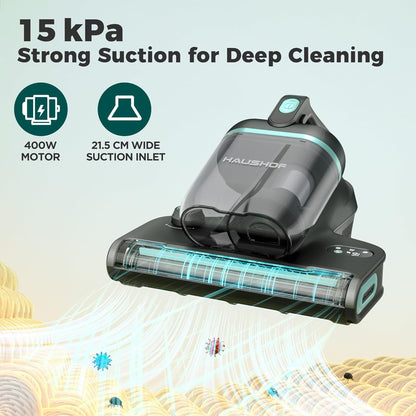 HAUSHOF Stofzuiger tegen mijten, 15 kPa, stofzuiger voor matras met verwarming 60 °C, UV-C-licht 275 nm, aromatherapie, HEPA-filter, dubbele stofbak, led-display, voor bed, bank, stoel