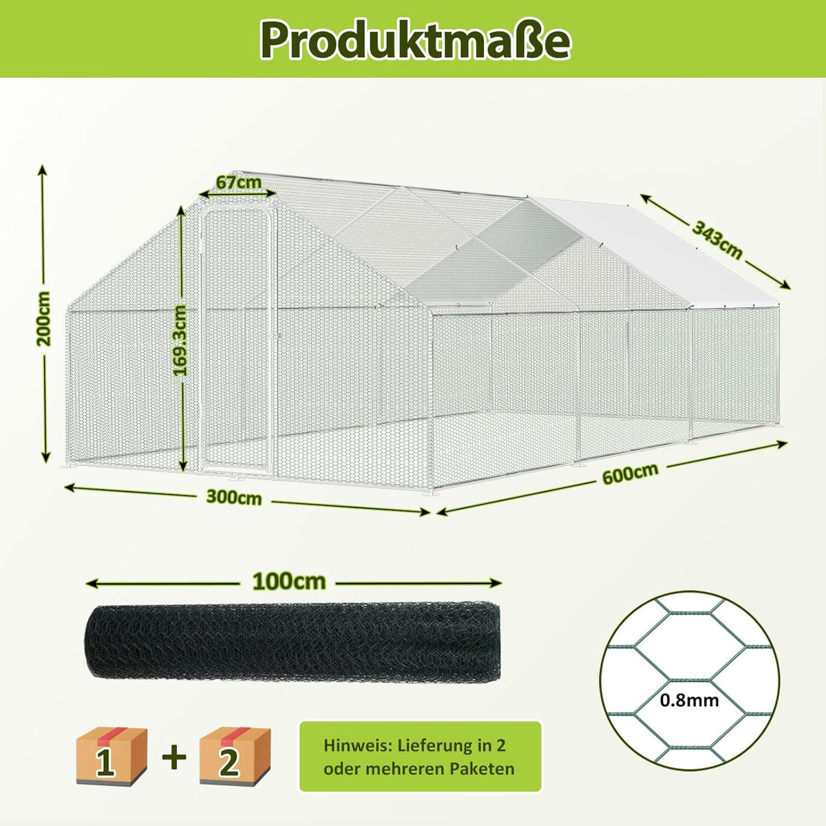 Kippenhok – Buitenren – Dierenhok – Vogelkantoor – Buitenkooi – Verzinkt Stalen Frame – Afmetingen 3x6x2 Meter