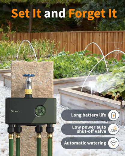 Diivoo 4 Zone WiFi Water Timer with Brass Inlet, Smart Hose Sprinkler Timer 4 Outlets Compatible with Alexa/Google Assistant, 24 Irrigation Plans, Rain Delay & Mist Mode for Garden Lawns (2.4GHz Only)