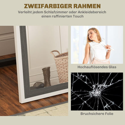 HOMCOM Ganzkörperspiegel 162.5 x 53.5 cm Standspiegel mit Ständer, Wall Mirror für Wohnzimmer, Schlafzimmer, Ankleidungsraum Grau+Weiß - QUORE
