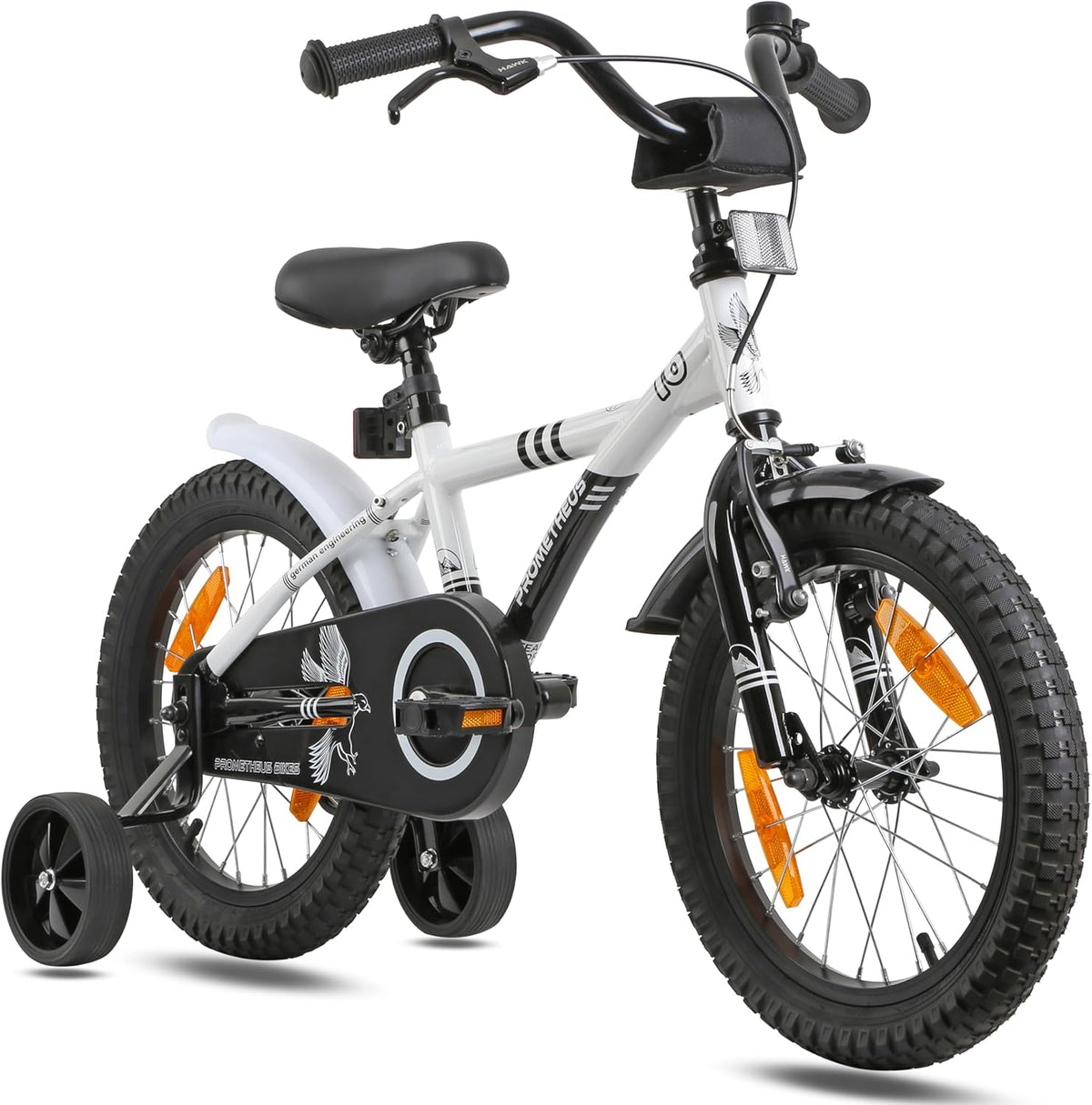 PROMETHEUS BICYCLES Kinderfiets, 16 inch vanaf 5 jaar, kinderfiets, meisjes, jongens, fiets met steunwielen, terugtraprem, in wit en zwart
