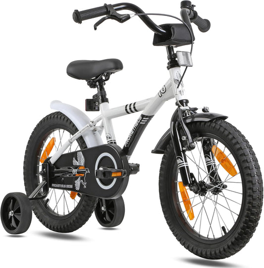 PROMETHEUS BICYCLES Kinderfiets, 16 inch vanaf 5 jaar, kinderfiets, meisjes, jongens, fiets met steunwielen, terugtraprem, in wit en zwart