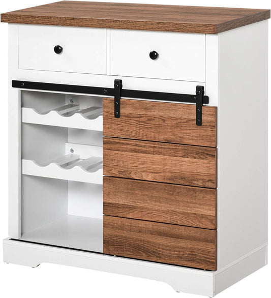 HOMCOM kitchen cabinet sideboard with 2 drawers wine racks sliding door sideboard adjustable shelves storage cabinet rustic white 80 x 39 x 86cm - QUORE