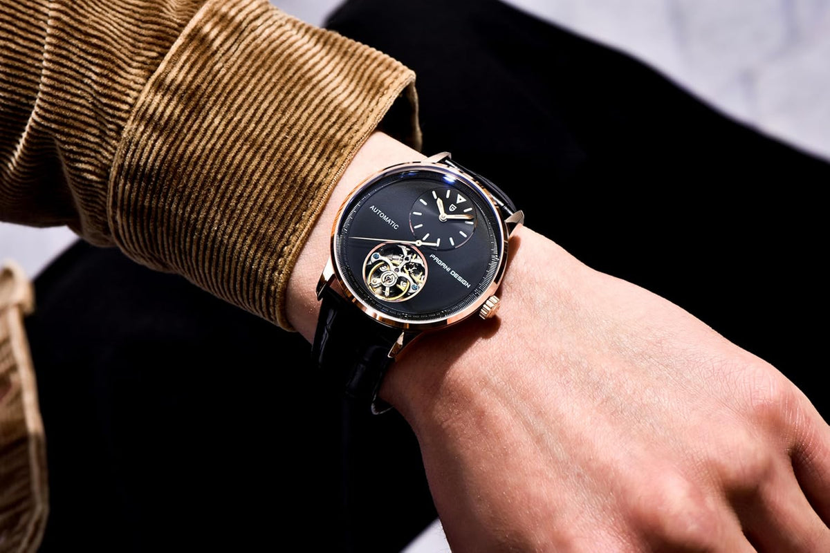 Pagani Design Mechanisch automatisch horloge voor heren, mechanisch visiewerk, behuizing 42 mm van staal 316L armband van PU-leer, waterdicht, 100 m (10 ATM), saffierglas