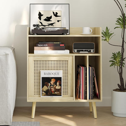 Draaitafel Tafel Groot – Platenspeler Meubel – Platenkast – Vinyl Opbergkast – Platenrek – Rotan Kastdeuren Met Verborgen Vinyl Opbergruimte – Massief Houten Poten